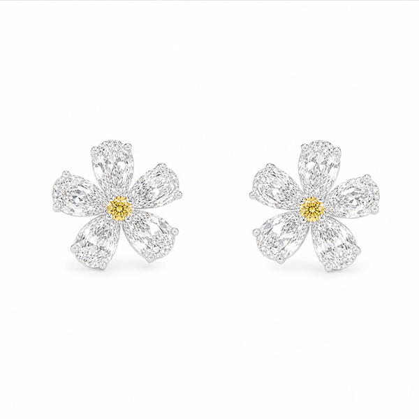Platinum Pear Shape White & Yellow Diamond Flower Earrings